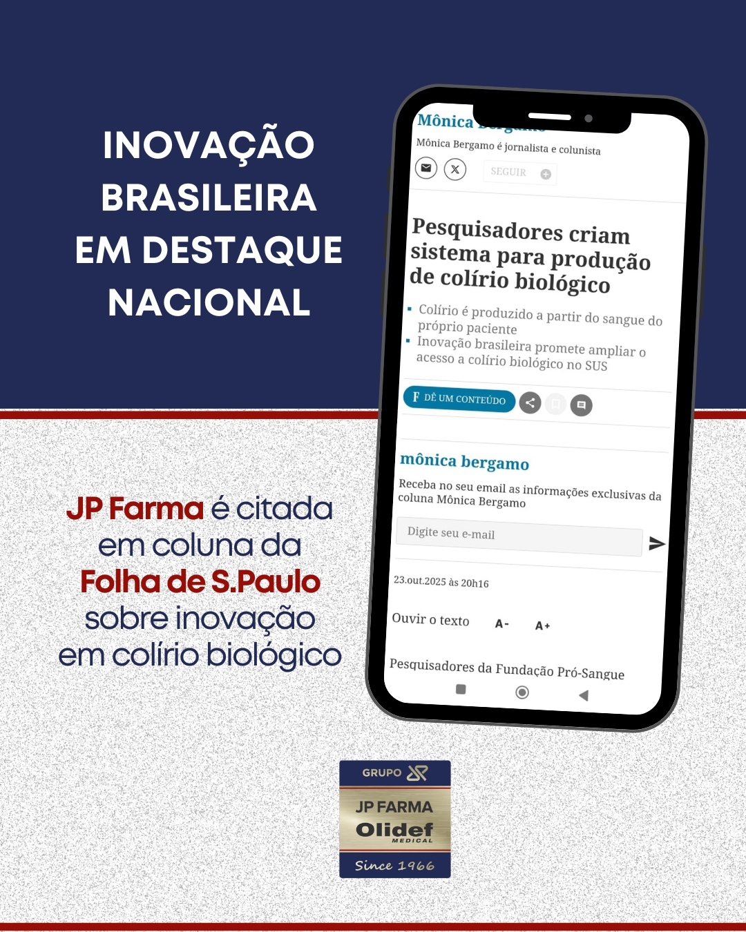 JP Farma é destaque em matéria da Folha de São Paulo sobre inovação em colírio biológico